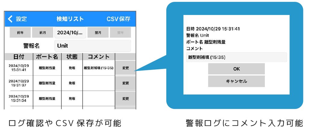 ログ確認やC S V 保存が可能　警報ログにコメント入力可能